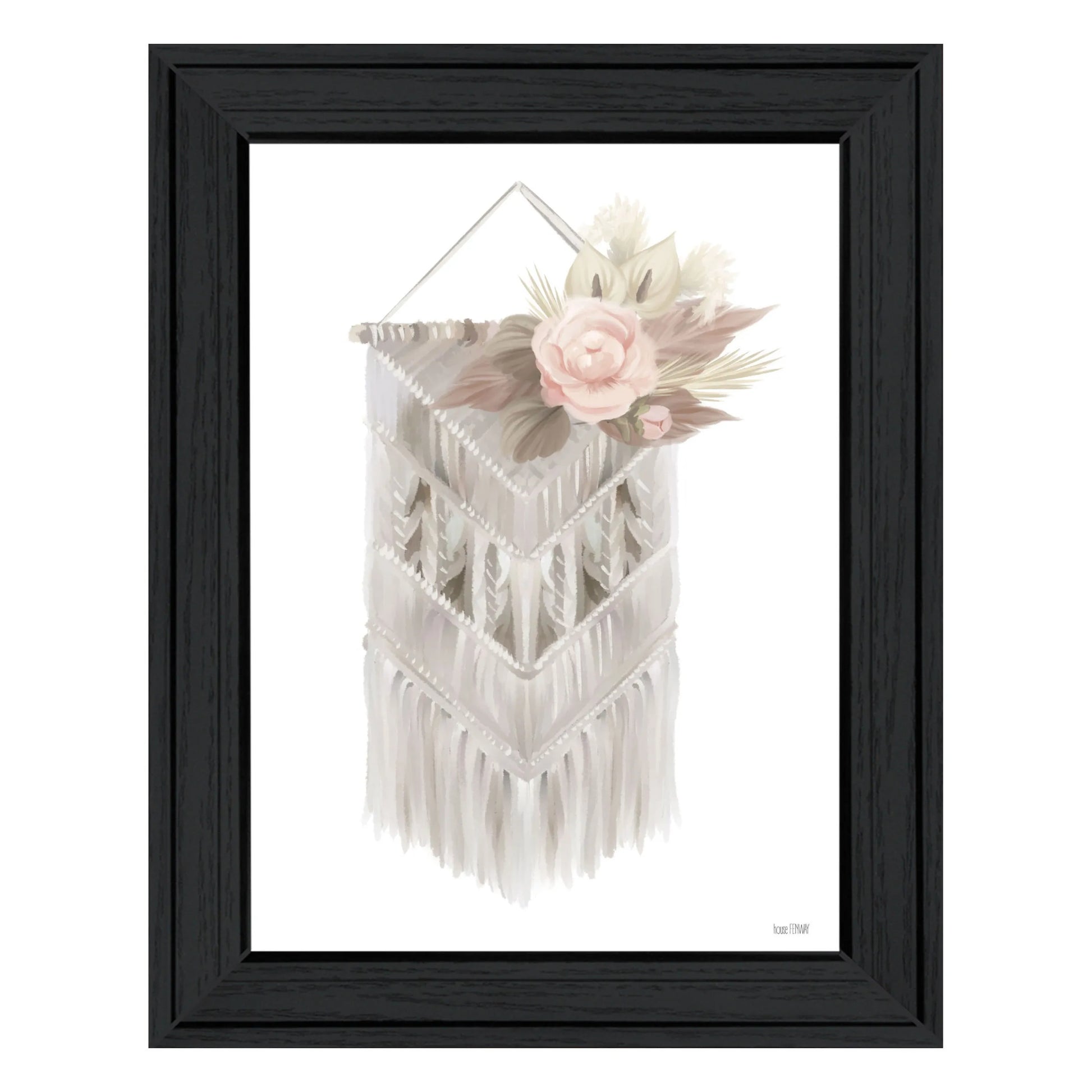 HMS Bohemian Macrame Wall Art Black Framed Print Woven Cotton Rope Farmhouse Style for Living Room Indoor Home Decor