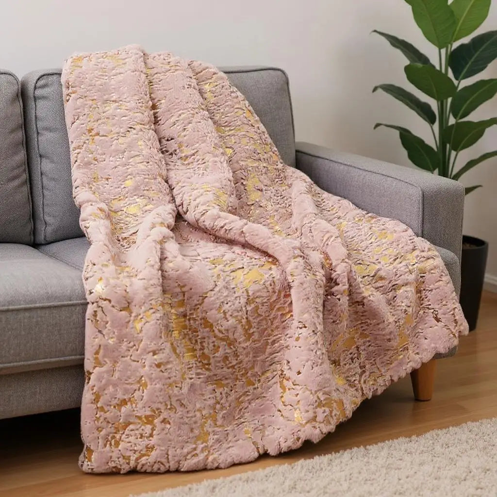 HMS 60\" X 80\" Abstract Faux Fur Plush Throw Blanket Pink and Gold-Soft and Cozy Home Decorative Accessory