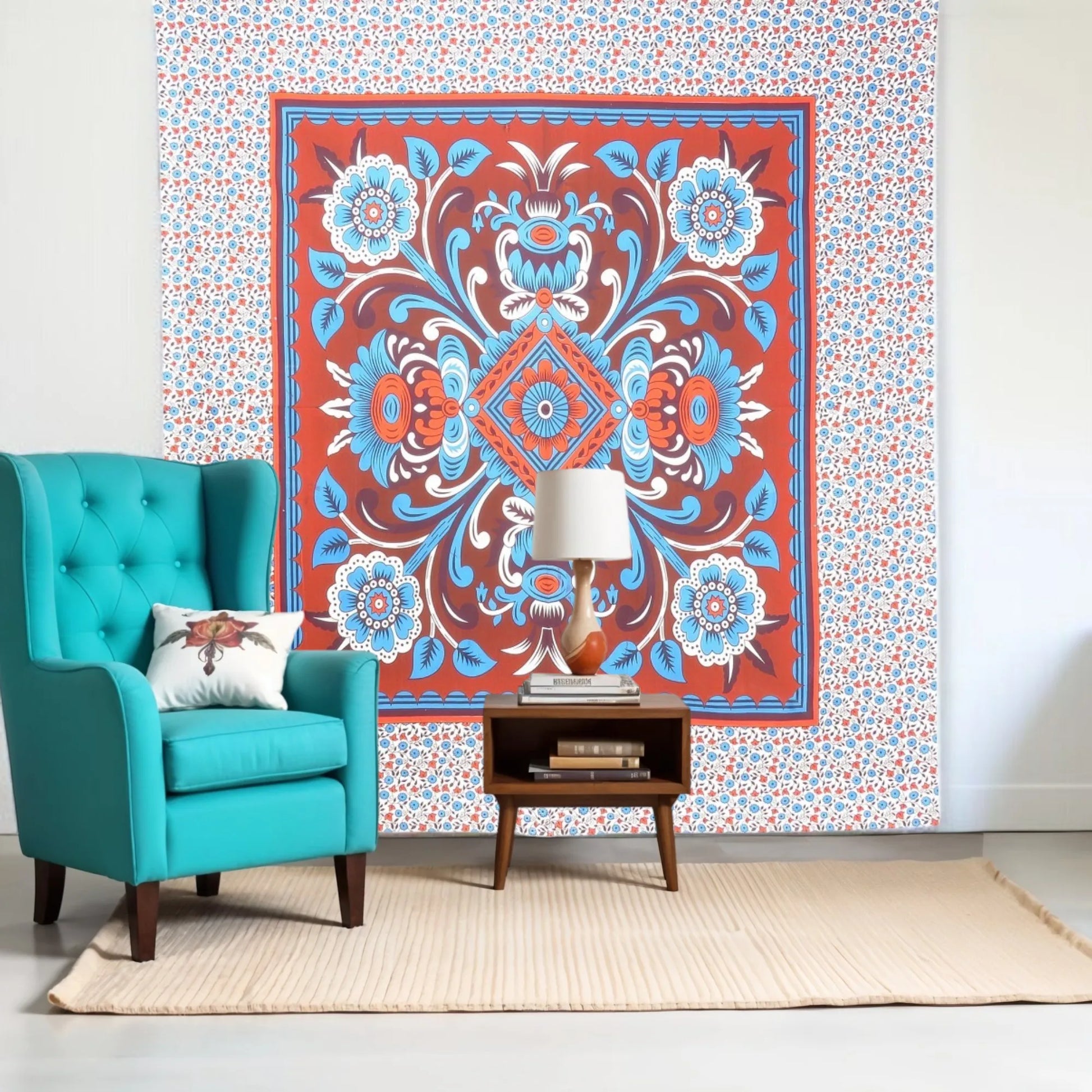 HMS 88\" X 84\" Tapestries Red Blue and White Floral Cotton Hanging Tapestry