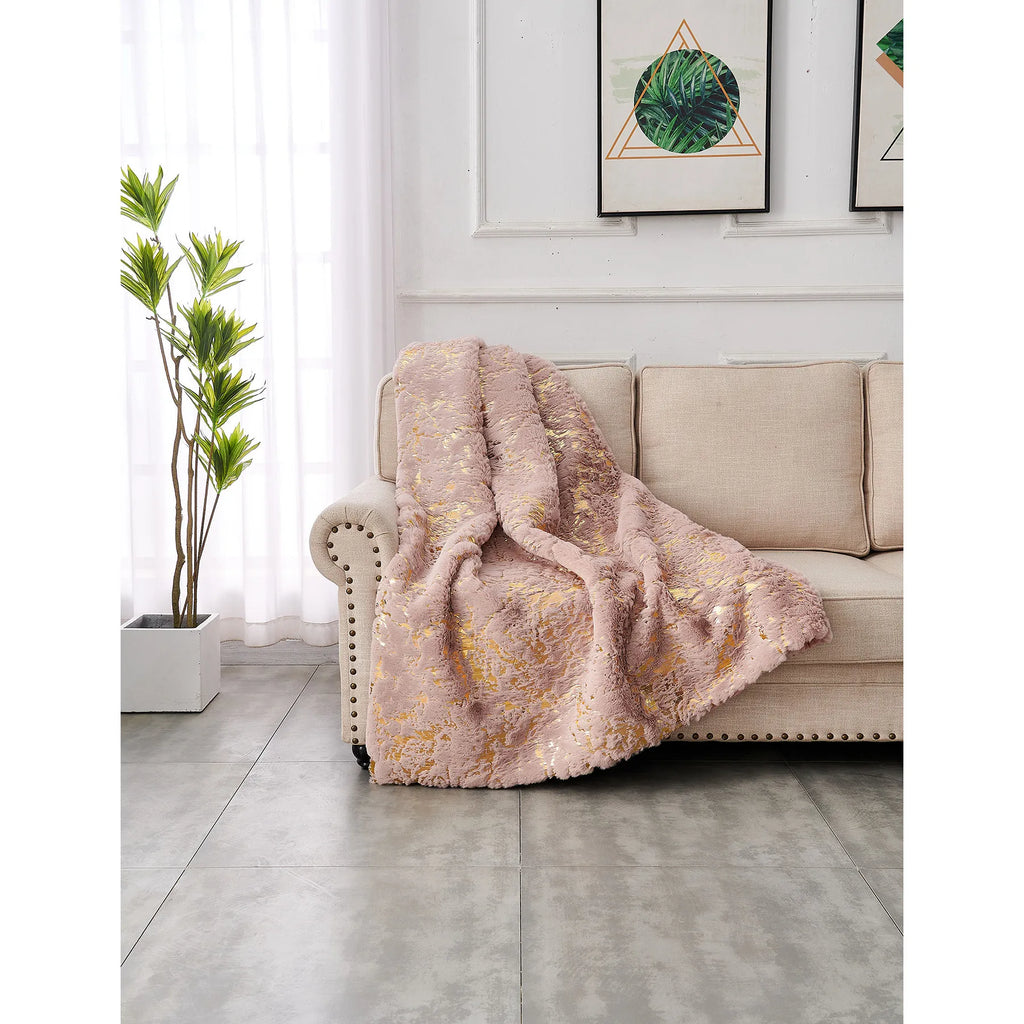 HMS 60\" X 80\" Abstract Faux Fur Plush Throw Blanket Pink and Gold-Soft and Cozy Home Decorative Accessory