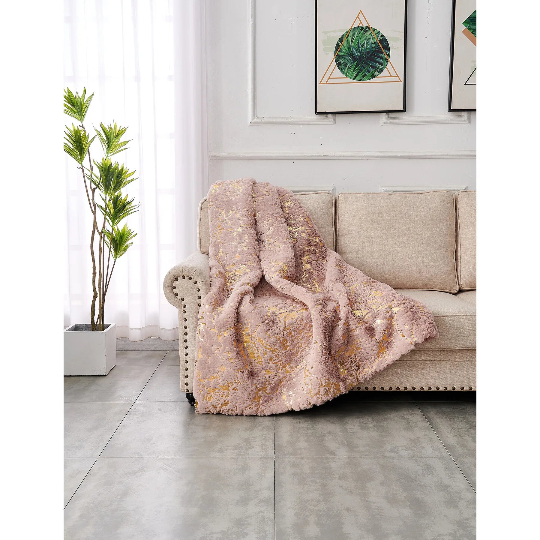 HMS 60\" X 80\" Abstract Faux Fur Plush Throw Blanket Pink and Gold-Soft and Cozy Home Decorative Accessory