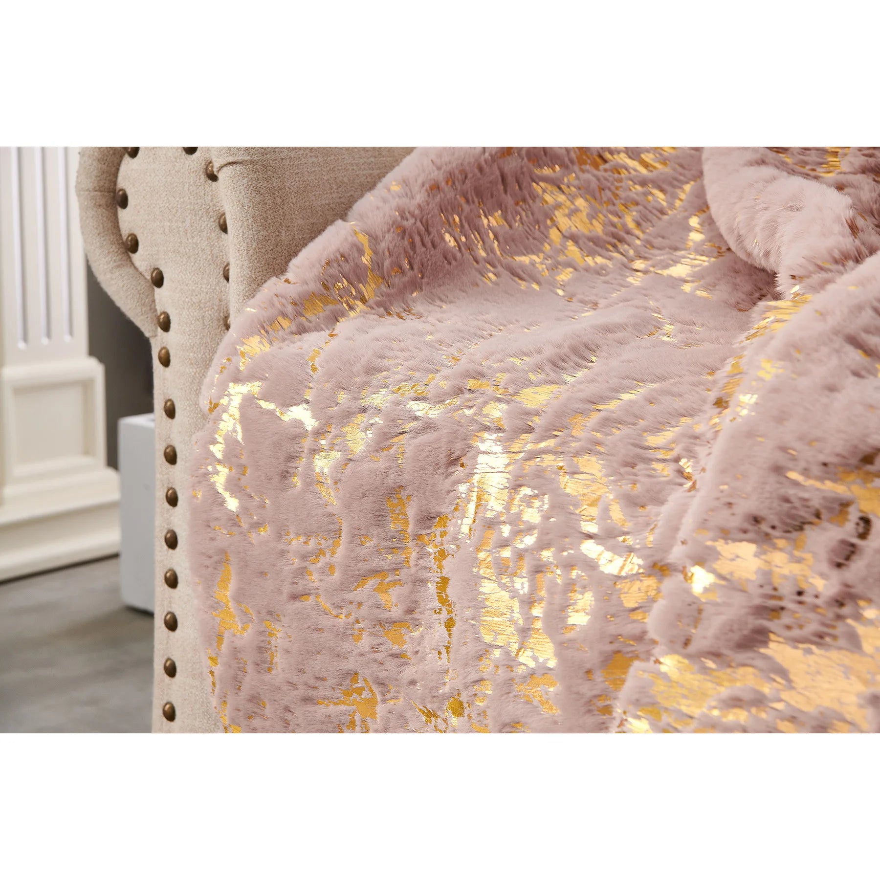 HMS 60\" X 80\" Abstract Faux Fur Plush Throw Blanket Pink and Gold-Soft and Cozy Home Decorative Accessory