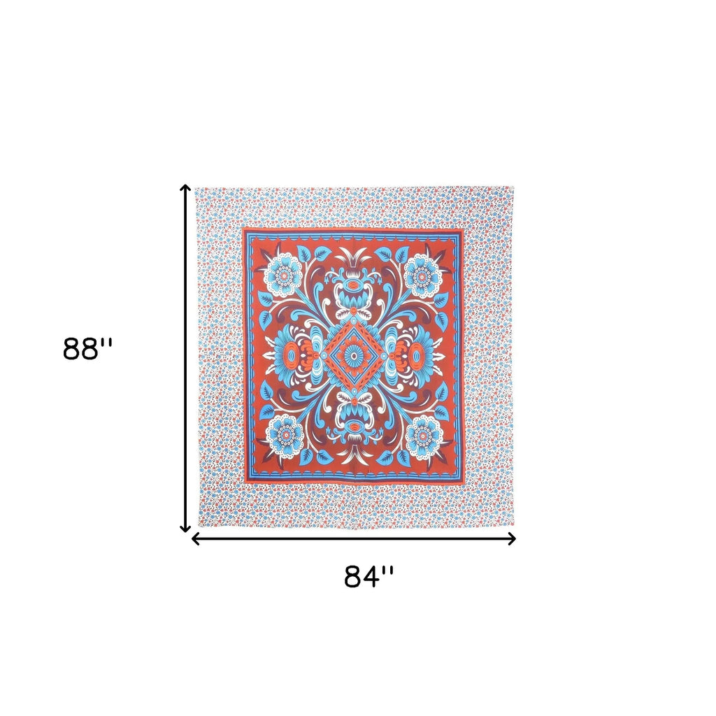 HMS 88\" X 84\" Tapestries Red Blue and White Floral Cotton Hanging Tapestry