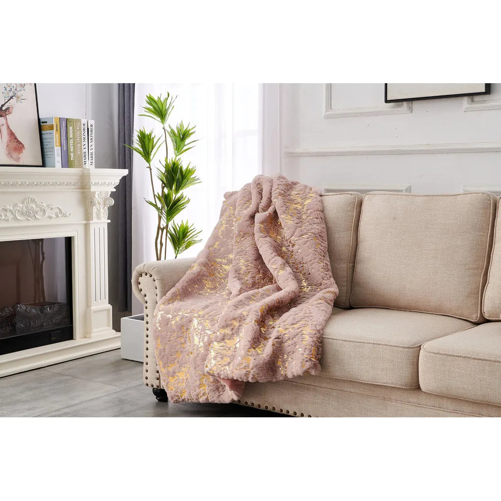 HMS 60\" X 80\" Abstract Faux Fur Plush Throw Blanket Pink and Gold-Soft and Cozy Home Decorative Accessory