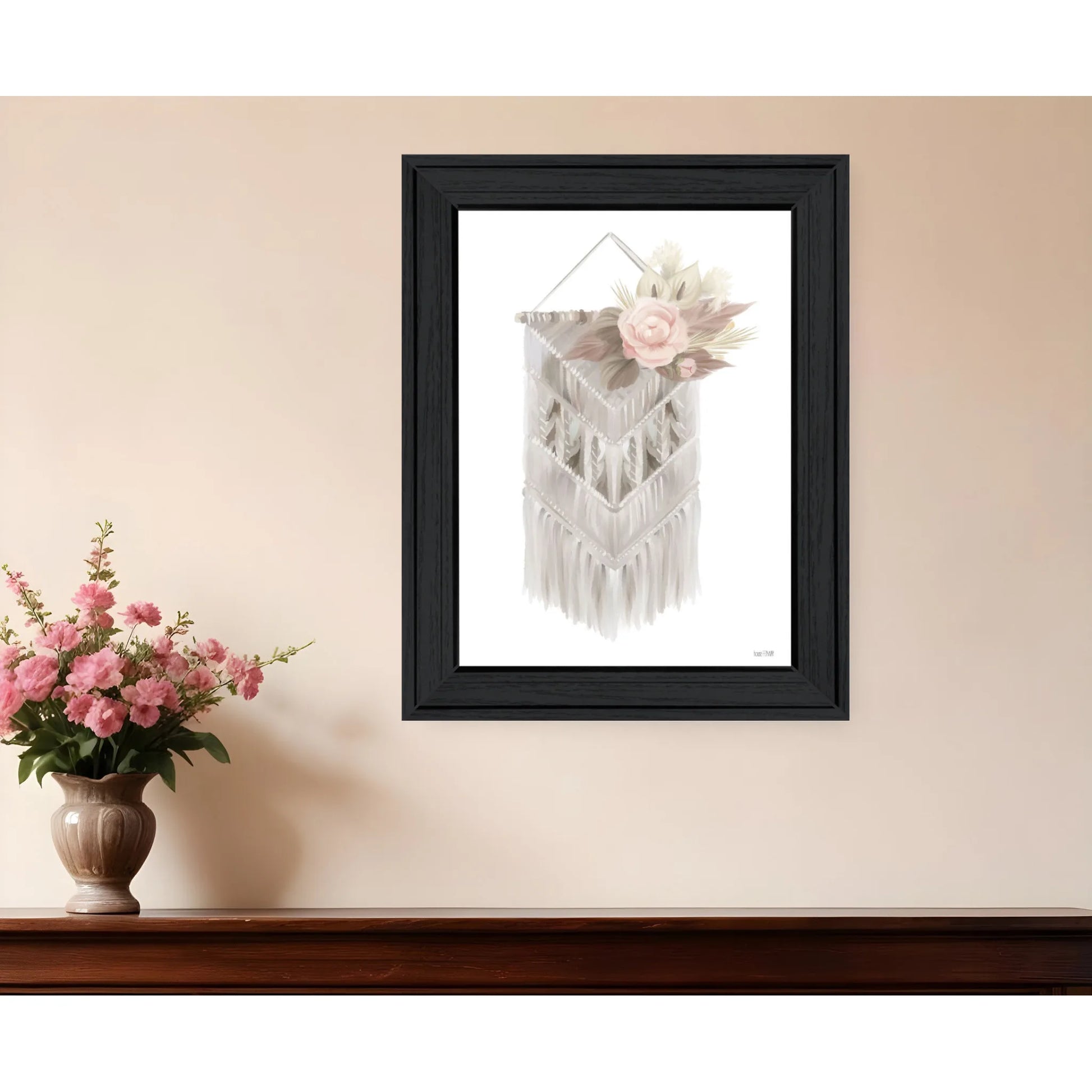 HMS Bohemian Macrame Wall Art Black Framed Print Woven Cotton Rope Farmhouse Style for Living Room Indoor Home Decor