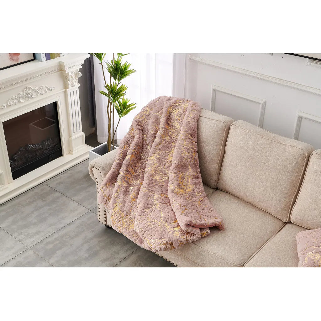 HMS 60\" X 80\" Abstract Faux Fur Plush Throw Blanket Pink and Gold-Soft and Cozy Home Decorative Accessory