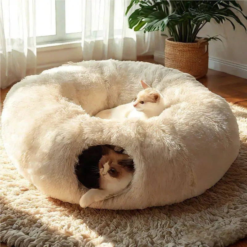 Soft Plush Cat Bed with Cozy Tunnel for Indoor Cats Multifunctional Donut Bed with Peephole for Playful Kittens