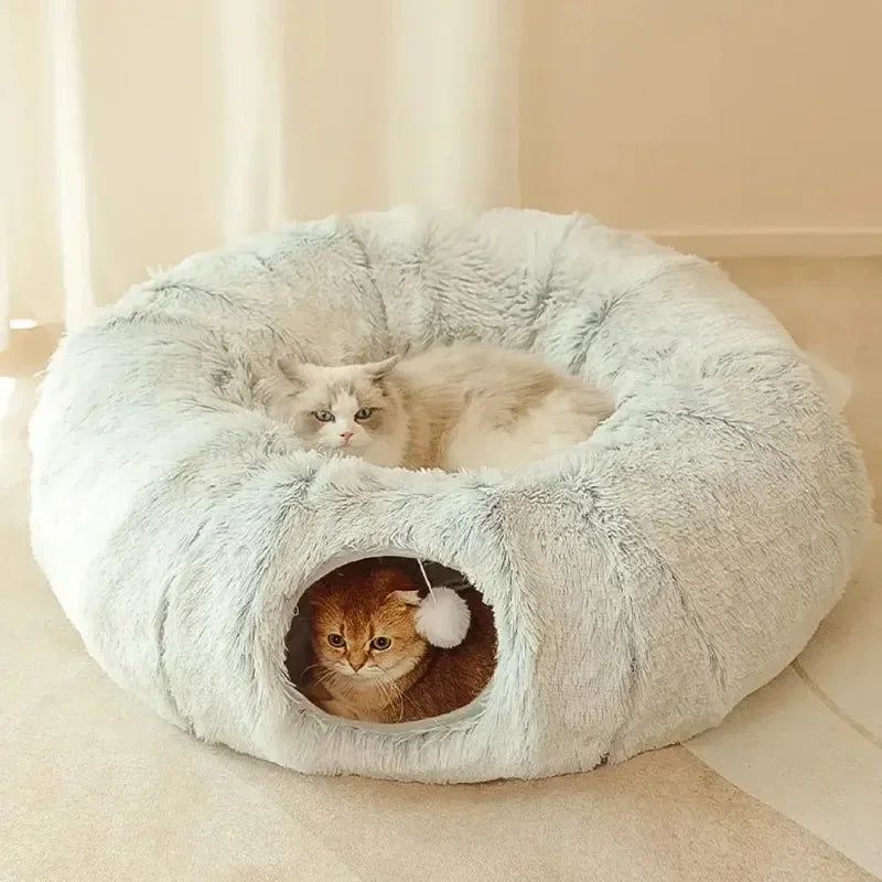 Soft Plush Cat Bed with Cozy Tunnel for Indoor Cats Multifunctional Donut Bed with Peephole for Playful Kittens