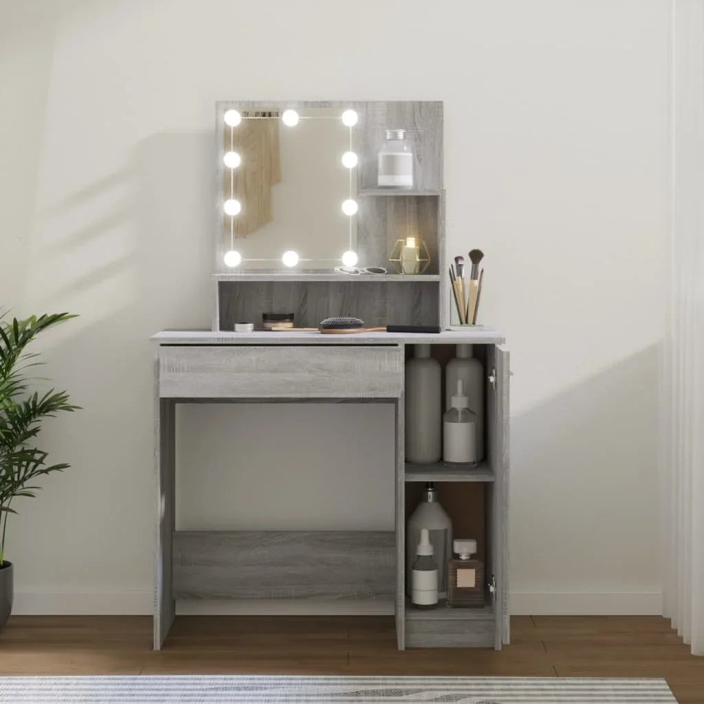 Table with LED Sonoma gray 86,5x35x136 cm Modern Girl Bedroom Bedroom Bedroom Cabinet Storage Cabinet Makeup Vanity