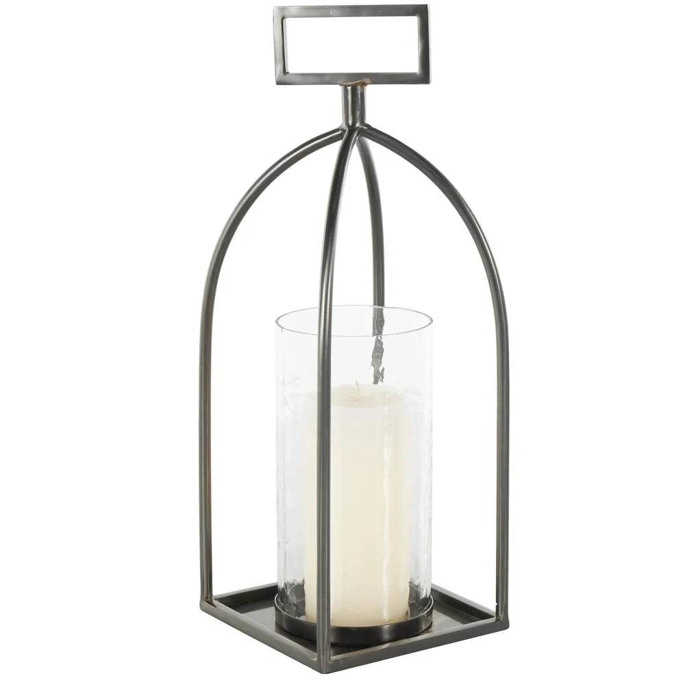 Silver Metal Open Frame Candle Lantern Rectangle Handles Indoor Outdoor Decorative Holder Glamorous Design Sturdy Glass Iron