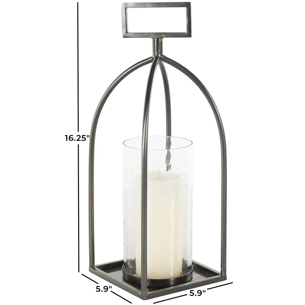 Silver Metal Open Frame Candle Lantern Rectangle Handles Indoor Outdoor Decorative Holder Glamorous Design Sturdy Glass Iron