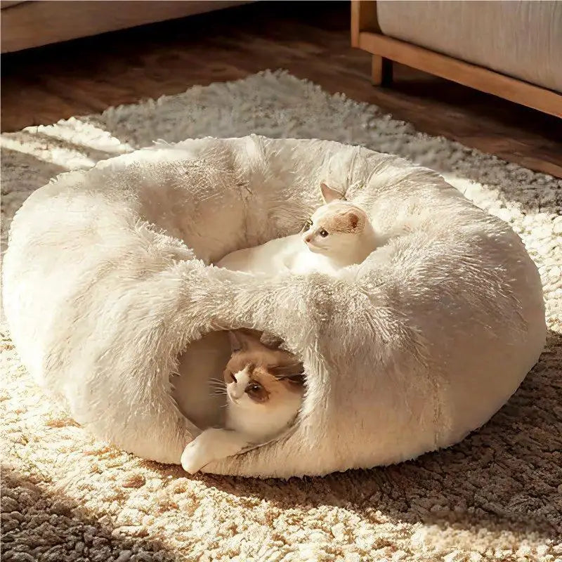 Soft Plush Cat Bed with Cozy Tunnel for Indoor Cats Multifunctional Donut Bed with Peephole for Playful Kittens