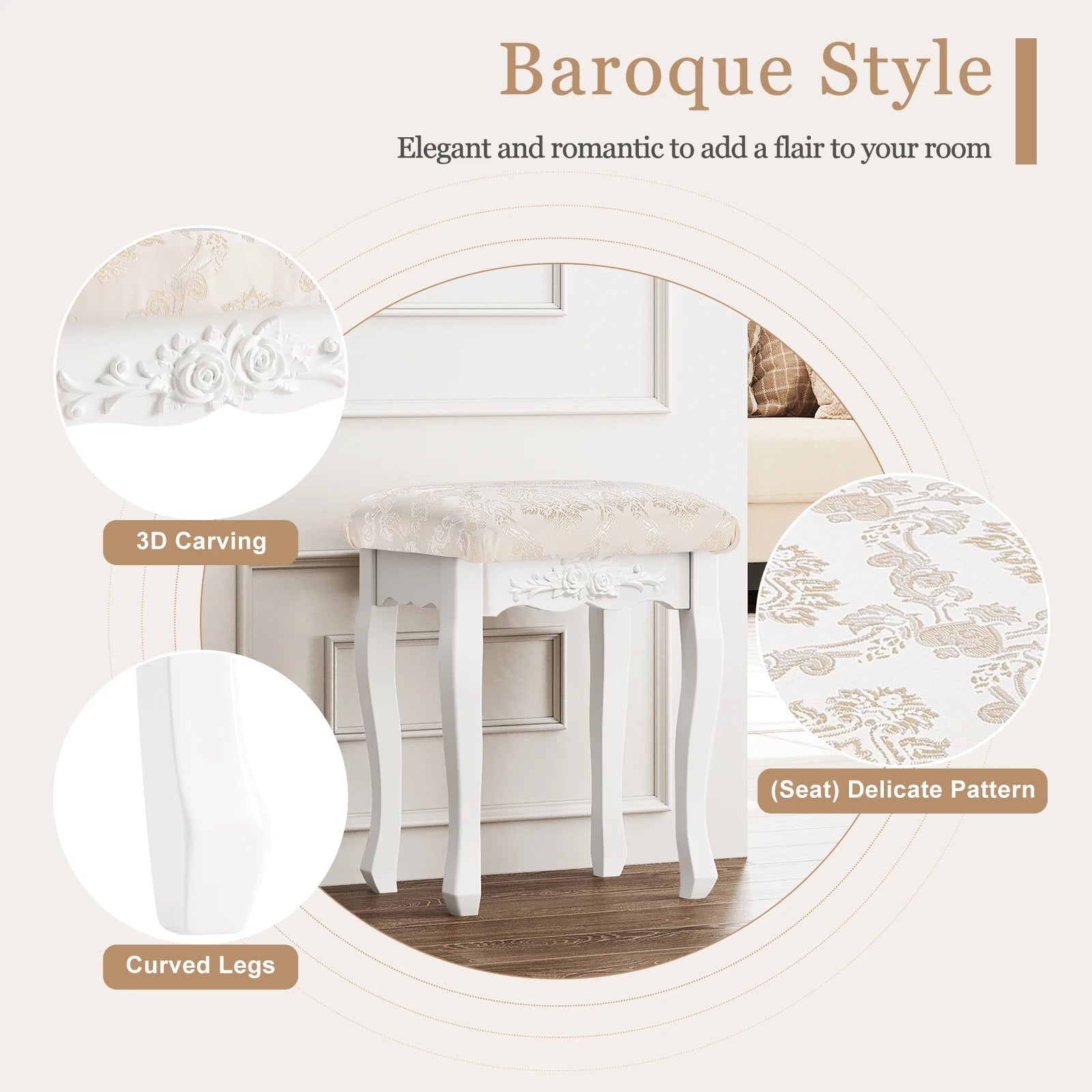 1PC Lovely Bedroom Padded Dressing Table Stool 40x30x50cm Smooth Shiny Vanity Dresser Stool Home Bedroom