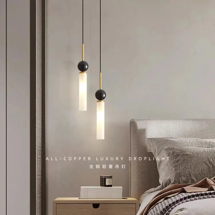 Italian minimalist all copper bedroom bedside chandelier, luxurious marble master bedroom, minimalist living room, background wa