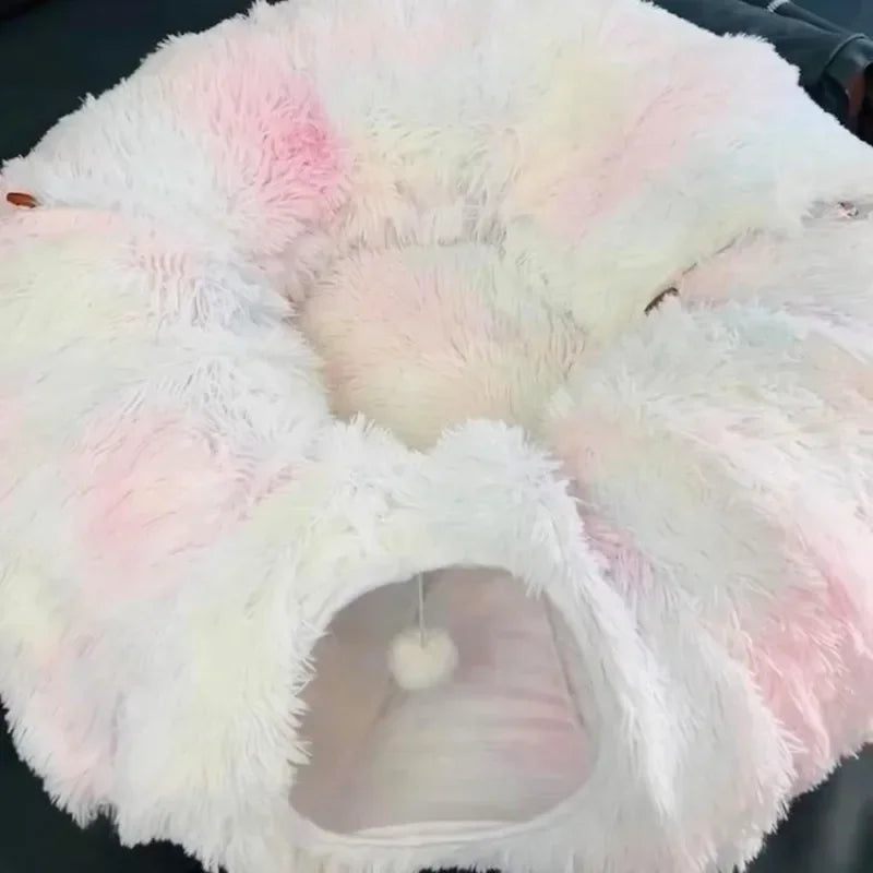 Soft Plush Cat Bed with Cozy Tunnel for Indoor Cats Multifunctional Donut Bed with Peephole for Playful Kittens