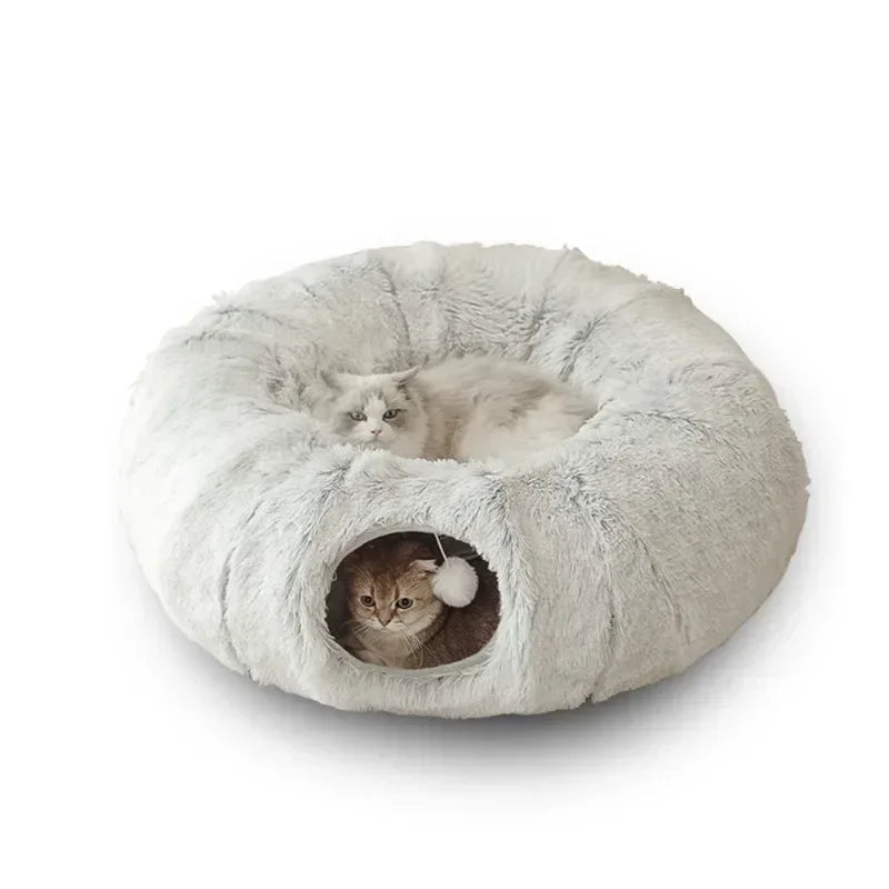 Soft Plush Cat Bed with Cozy Tunnel for Indoor Cats Multifunctional Donut Bed with Peephole for Playful Kittens