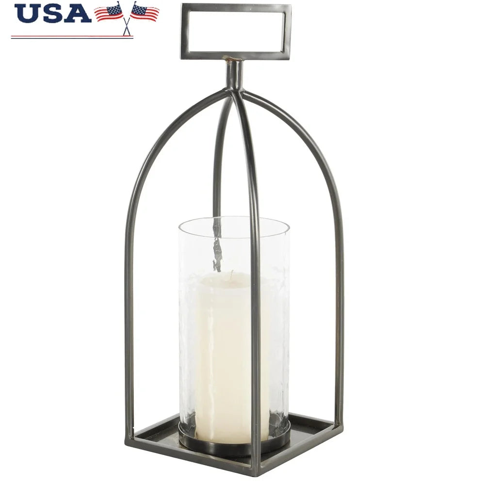 Silver Metal Open Frame Candle Lantern Rectangle Handles Indoor Outdoor Decorative Holder Glamorous Design Sturdy Glass Iron