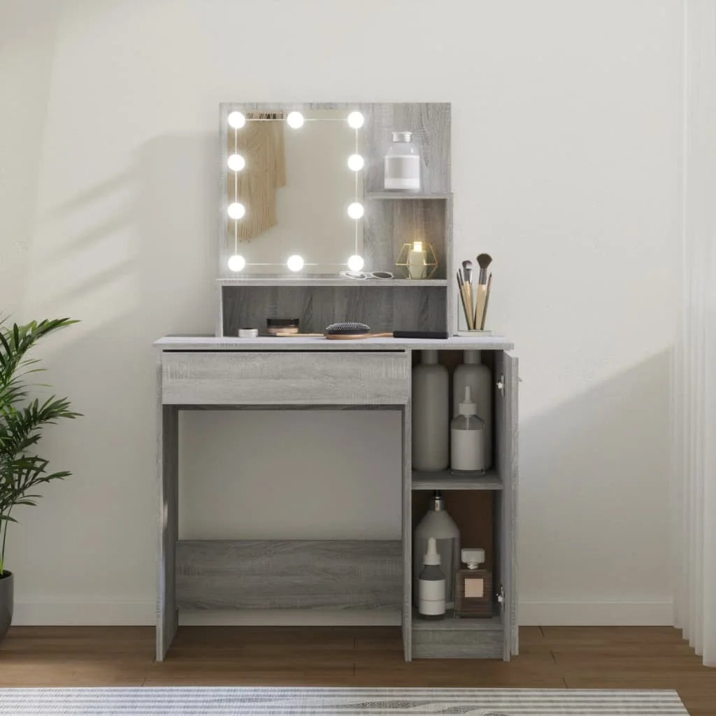 Table with LED Sonoma gray 86,5x35x136 cm Modern Girl Bedroom Bedroom Bedroom Cabinet Storage Cabinet Makeup Vanity