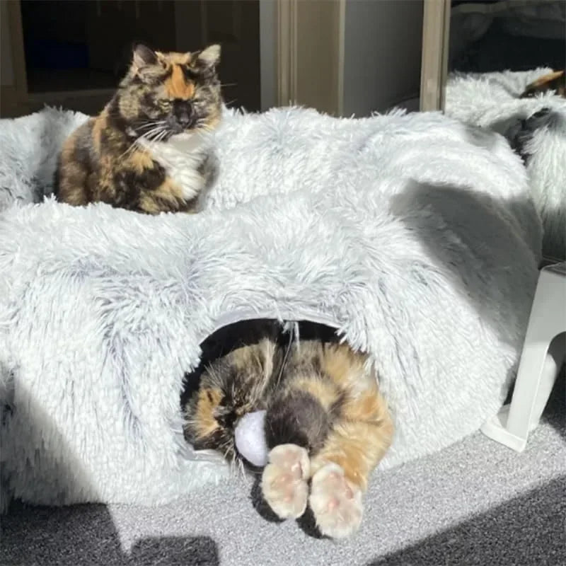 Soft Plush Cat Bed with Cozy Tunnel for Indoor Cats Multifunctional Donut Bed with Peephole for Playful Kittens