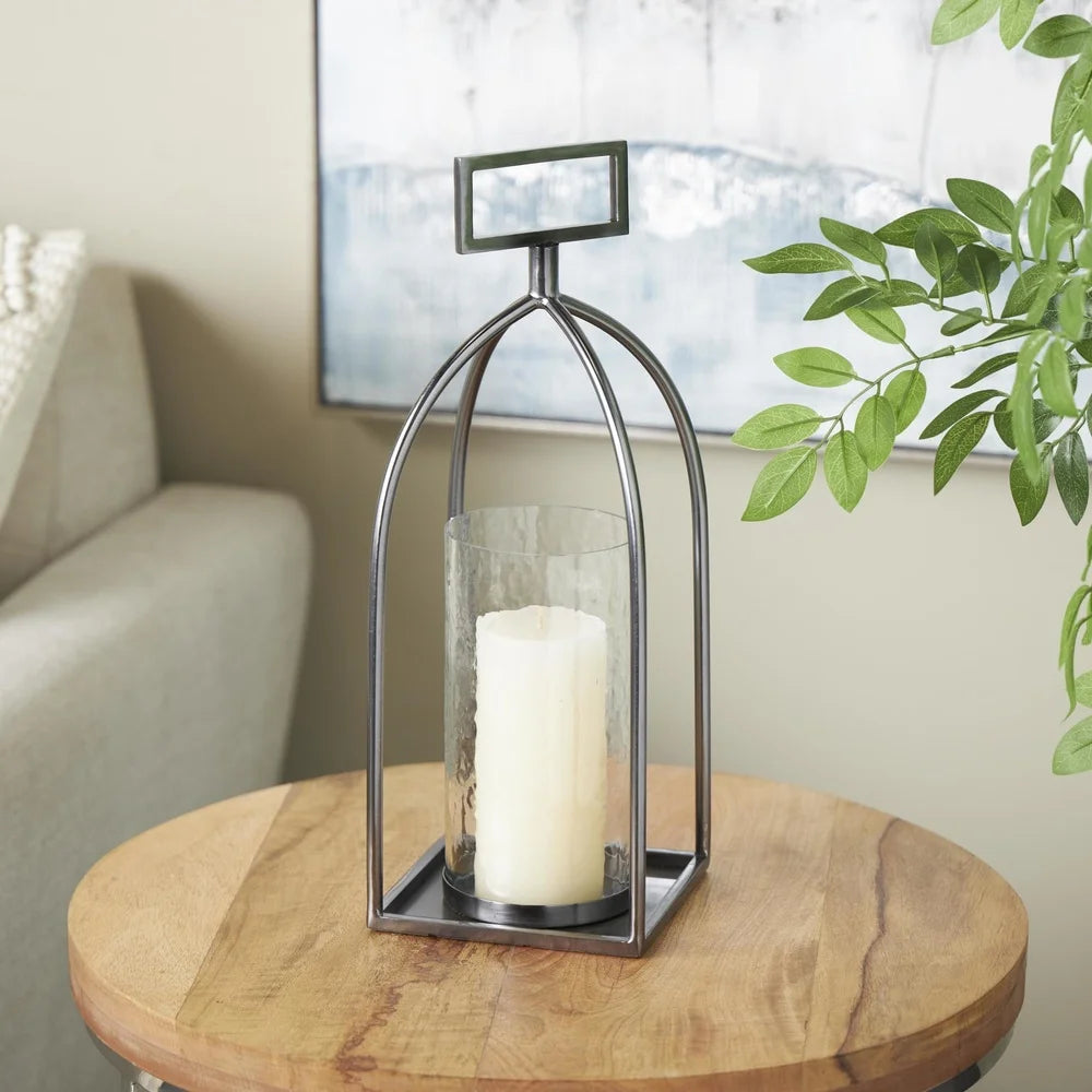 Silver Metal Open Frame Candle Lantern Rectangle Handles Indoor Outdoor Decorative Holder Glamorous Design Sturdy Glass Iron
